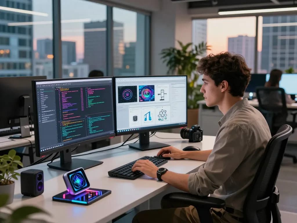 AI development workspace featuring a software engineer coding with dual monitors, showcasing juicy ai technology.