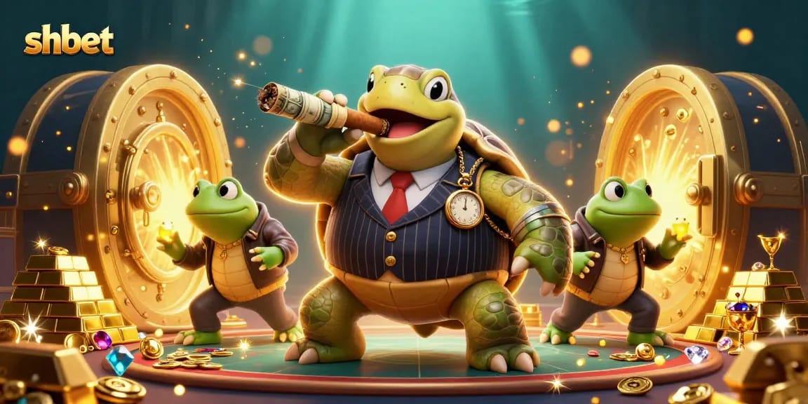Experience thrilling adventures at SHBET with a vibrant cartoon scene featuring a turtle and bullfrogs amidst treasures.
