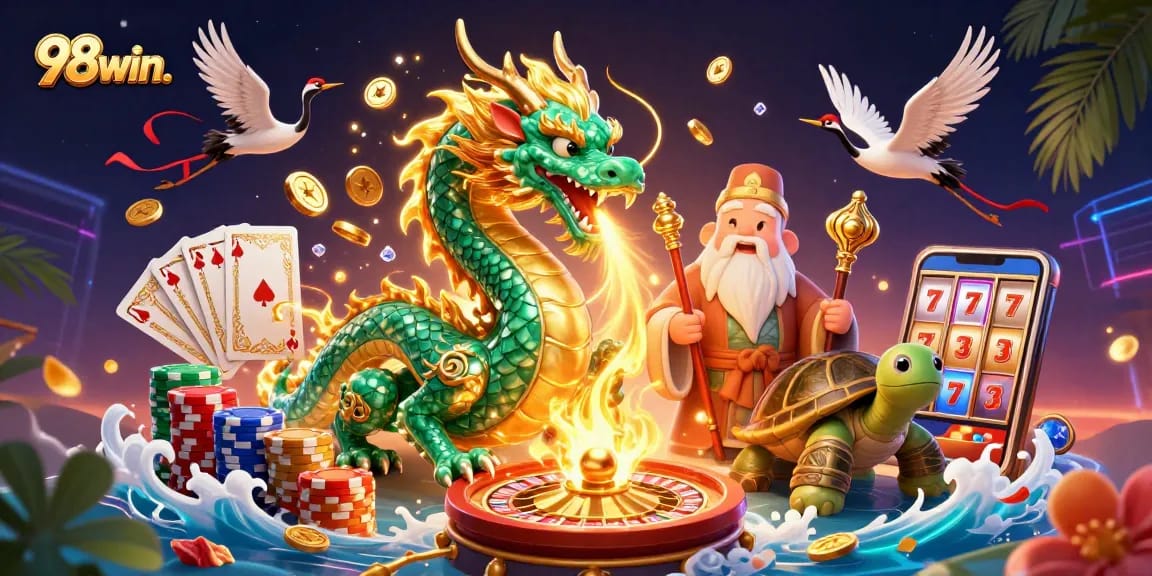 Experience the excitement with 98win. as the dragon breathes fire amidst dynamic casino elements.