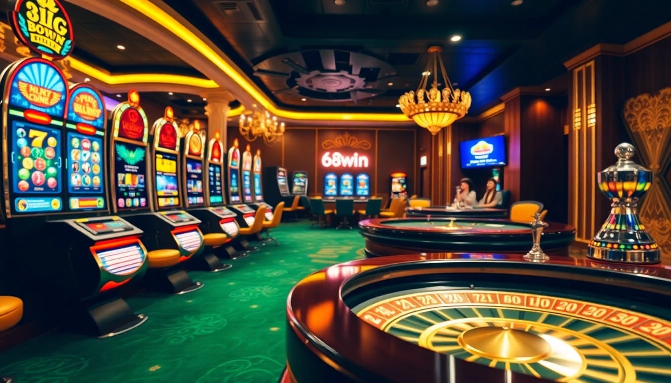 Experience thrilling gameplay at 68win with elegant casino tables and vibrant slot machines.