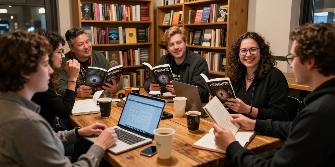 Readers discussing T Allen Greenfield's UFOnauts at https://tallengreenfield.com in a cozy coffee shop setting.