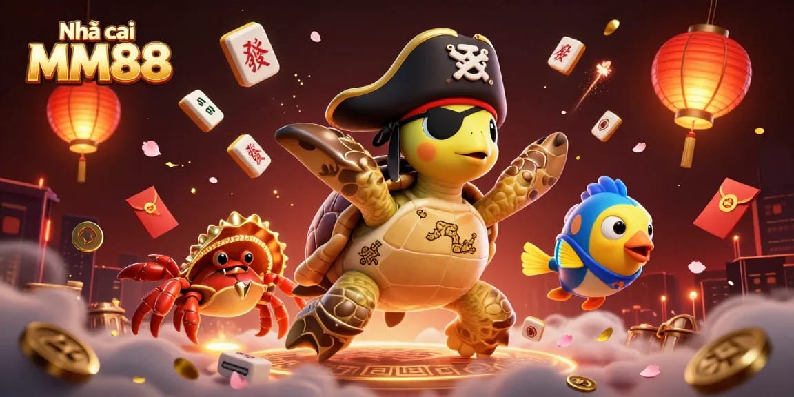Join the fun with Nhà cái MM88 as vibrant treasure-seeking characters float amidst colorful game symbols and festive decorations.