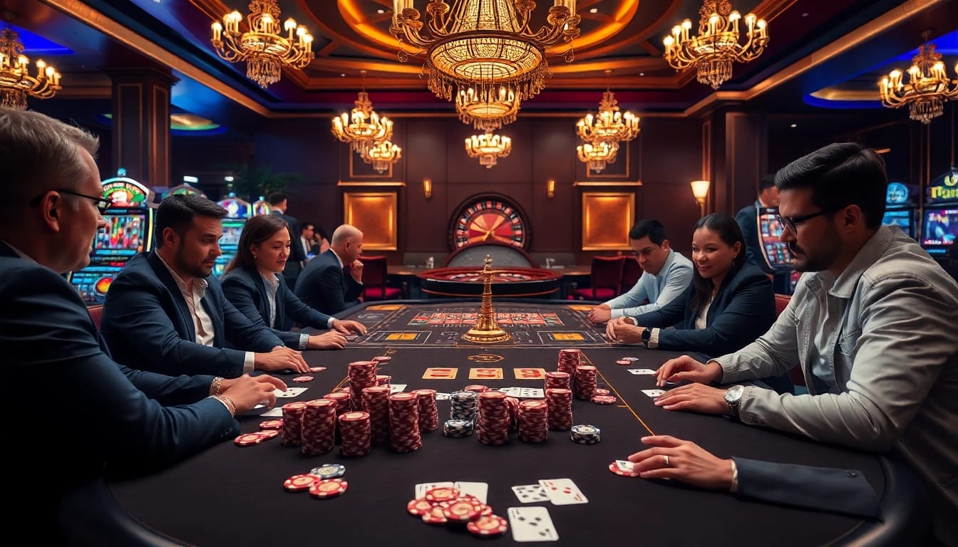 Engaging gamblers at a premium casino table featuring rr99 poker chips and vibrant slot machines.