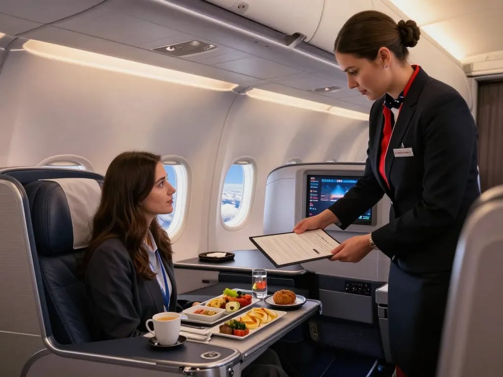 Passenger enjoying a luxurious meal on the American Airlines 789P in premium cabin.