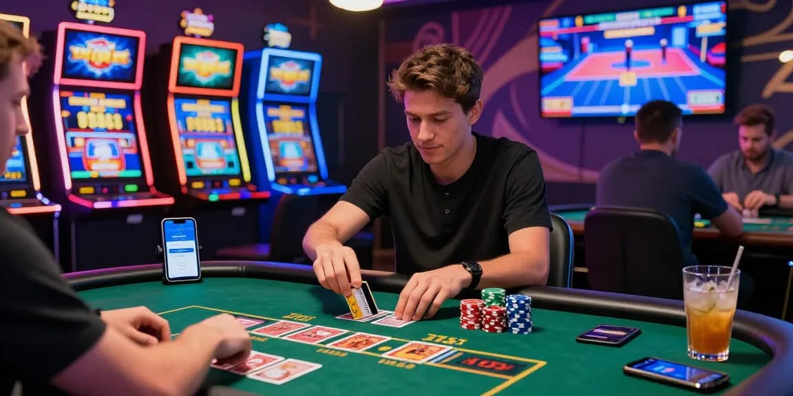 Excited player at credit card casinos, ready to deposit with a credit card, vibrant gaming atmosphere.