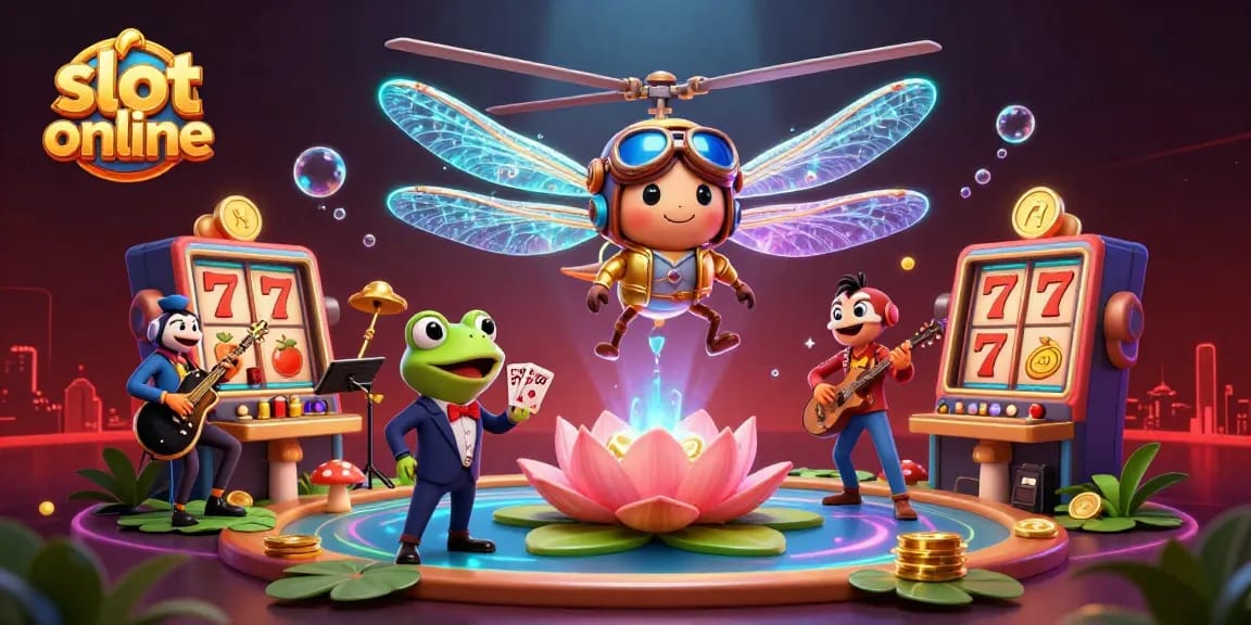Spinning the slot online reels for jackpots at a vibrant lily pad casino with dynamic characters.