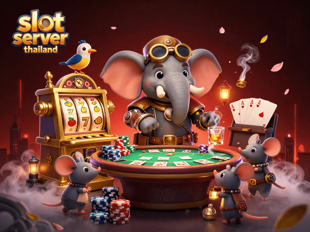 Experience the excitement of slot server thailand with steampunk elephant and vibrant game elements in a dynamic illustration.
