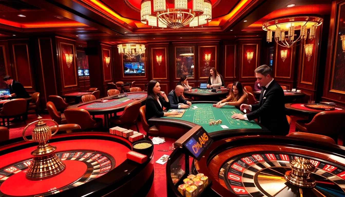 Excited players engage at the dn88 casino tables, enjoying thrilling moments of poker and blackjack.
