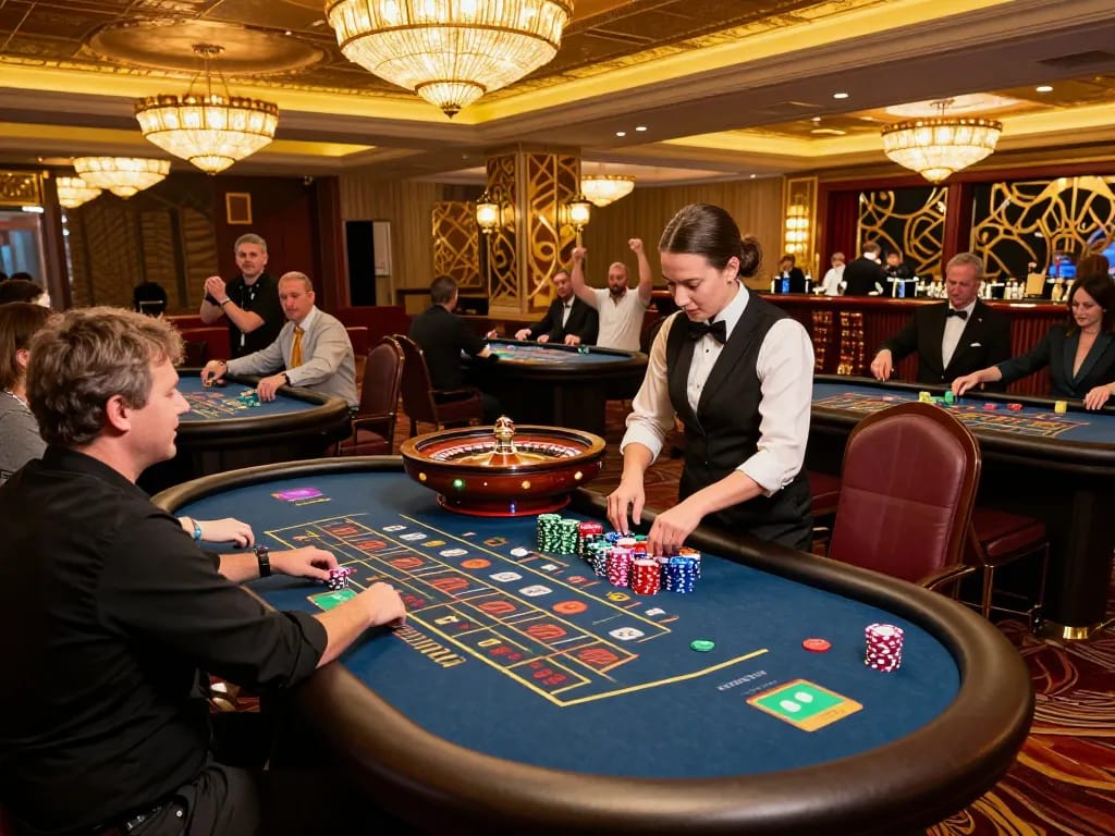 Experience the excitement at nhà cái uy tín MM88 with players engaging at roulette tables amid vibrant casino atmosphere