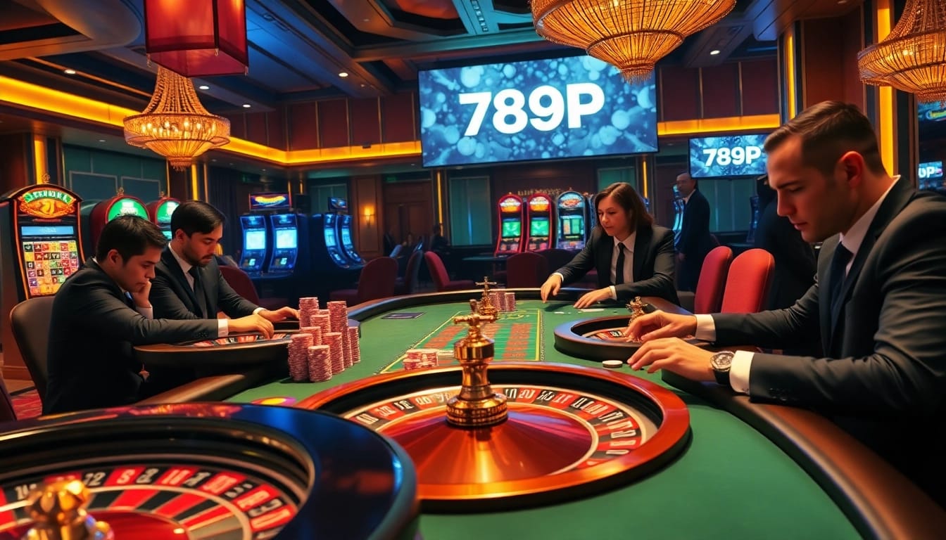 Professional gamblers placing high-stakes bets at 789P's vibrant casino, showcasing excitement and luxury.