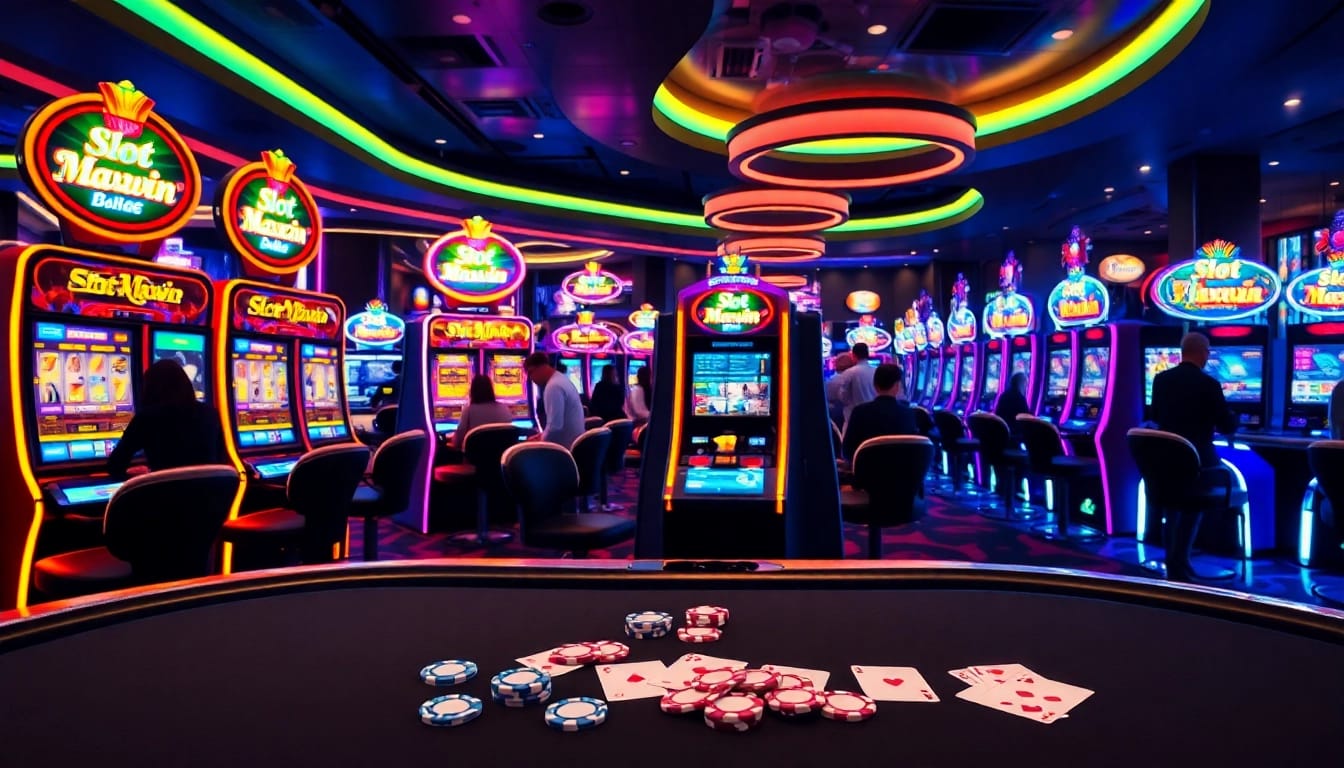 Exciting Slot Maxwin machines featured in a vibrant casino interior, showcasing players in action.