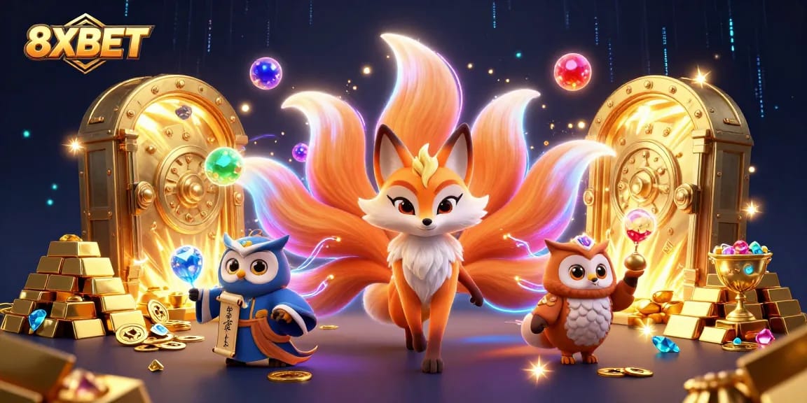Spin winning jackpots with 8XBET in a vibrant, magical casino scene featuring a nine-tailed fox and treasures.