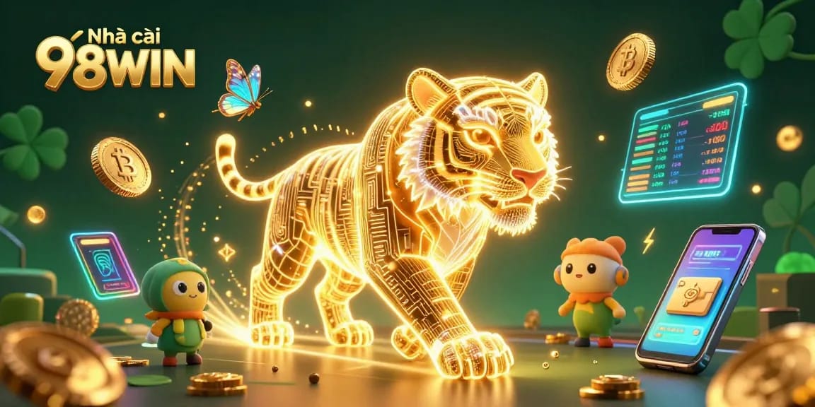 Experience the excitement at Nhà cái 98WIN with a glowing casino landscape, tiger character and vibrant digital elements.