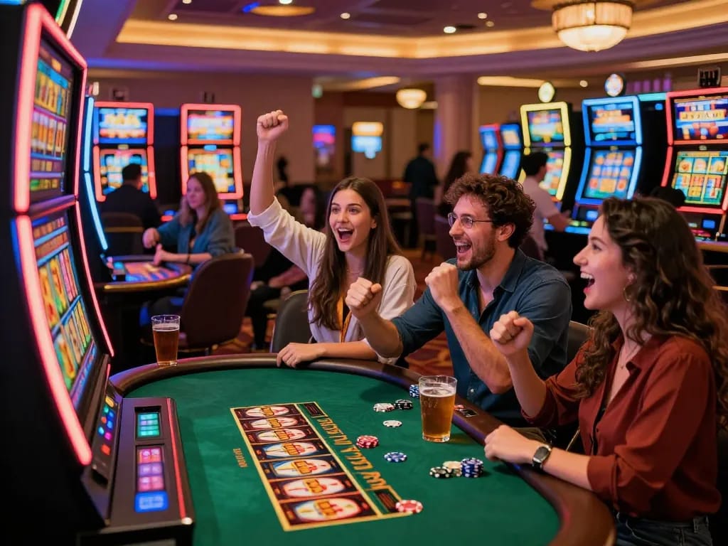 A group celebrating their win at aman788 slot machine with vibrant lights and atmosphere.
