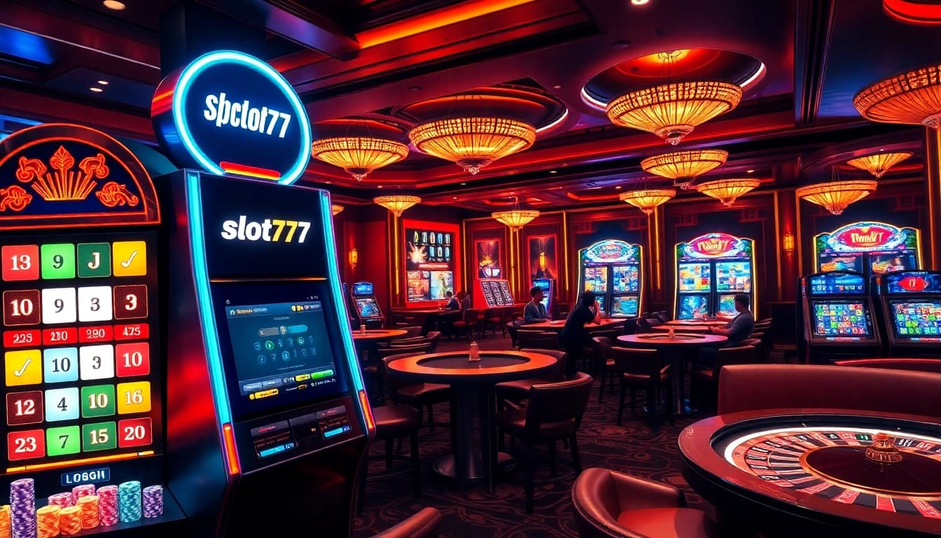 A player engages with the slot777 login thrilling experience at a vibrant casino featuring slot machines and lively atmosphere.
