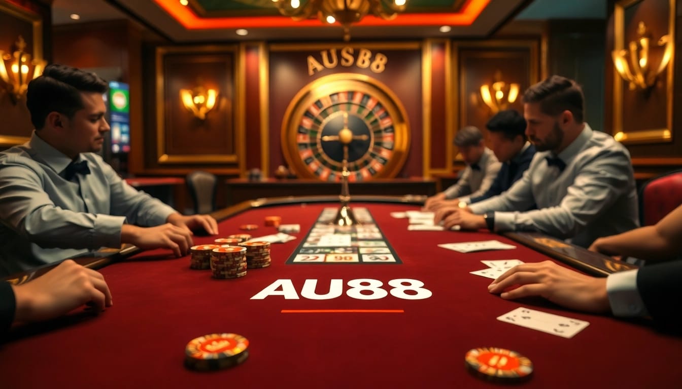 Experience the thrilling ambiance of AU88 casino with professional gamblers at a poker table.