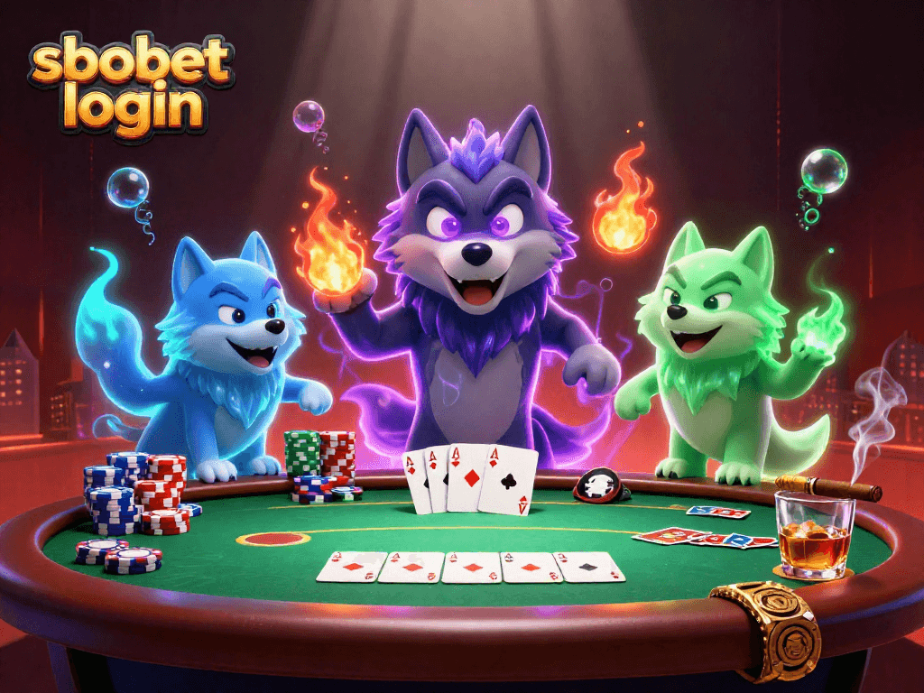 Experience sbobet login with thrilling poker action amidst vibrant casino illustrations.
