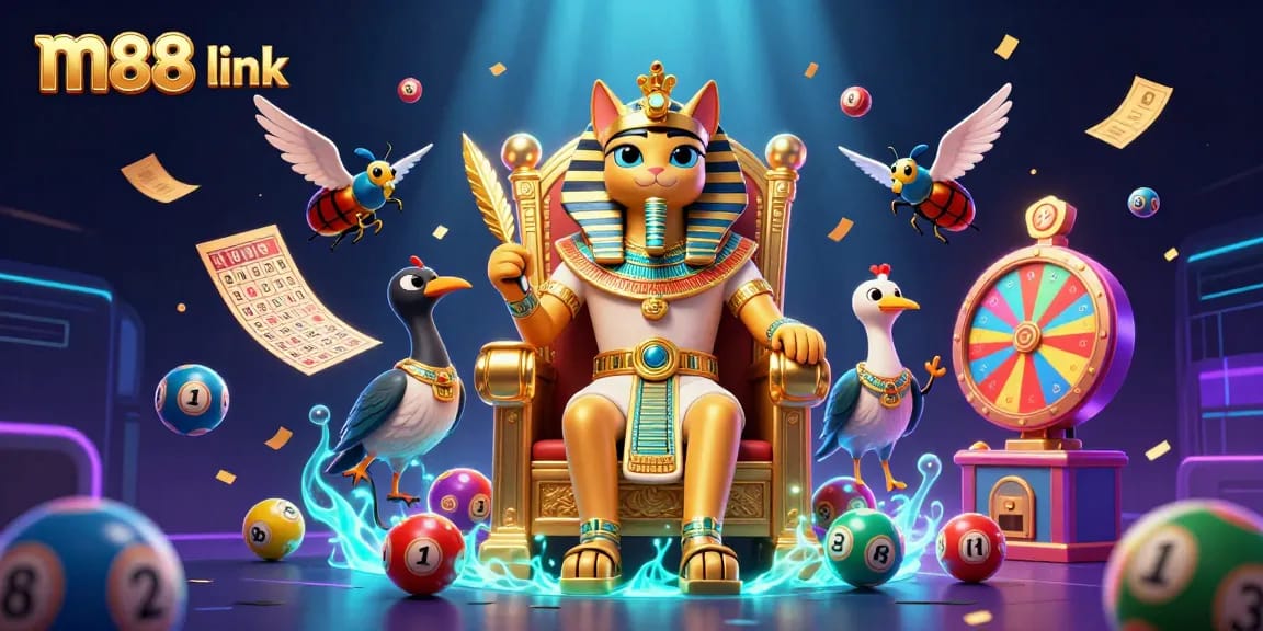 Experience the thrill of m88 link with vibrant lottery games and engaging characters in a rich casino environment.