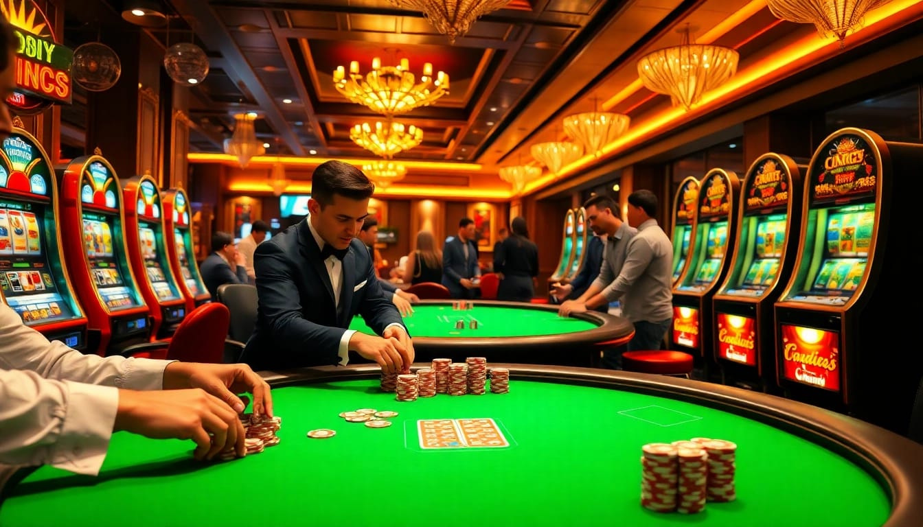 Exciting gaming scene at rr88 gratis casino with poker and slot machines.
