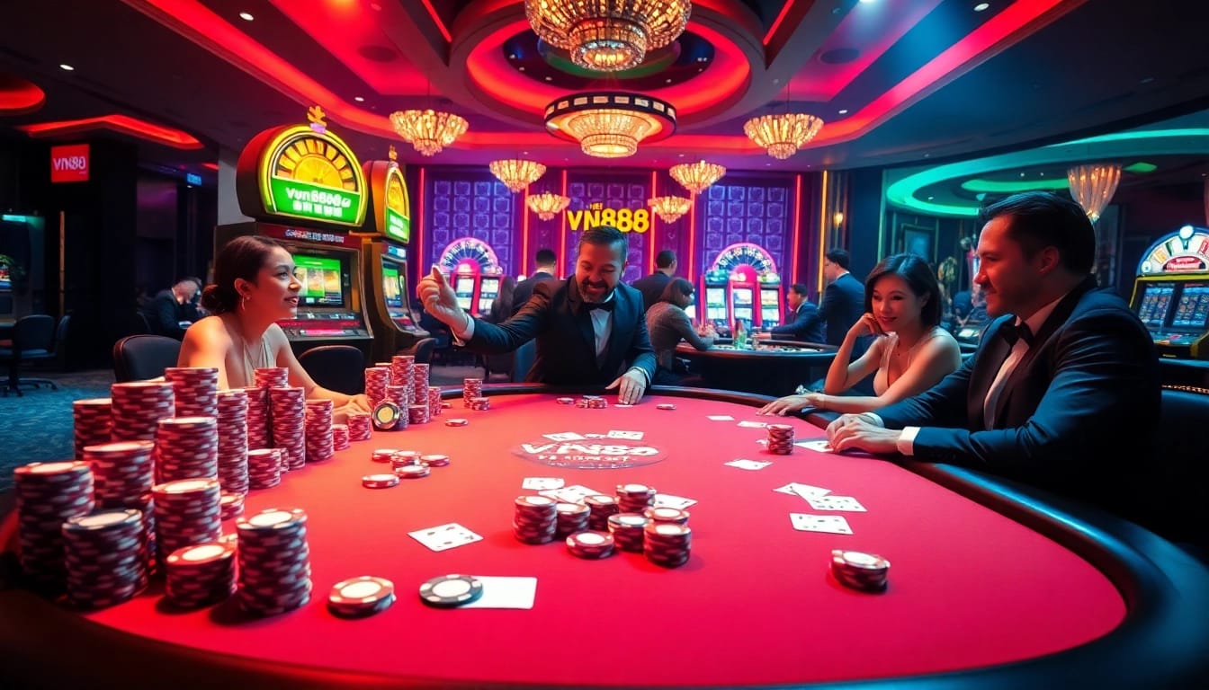 Players engaged at a luxurious casino table highlighting vn888 poker action with vibrant chips and cards.