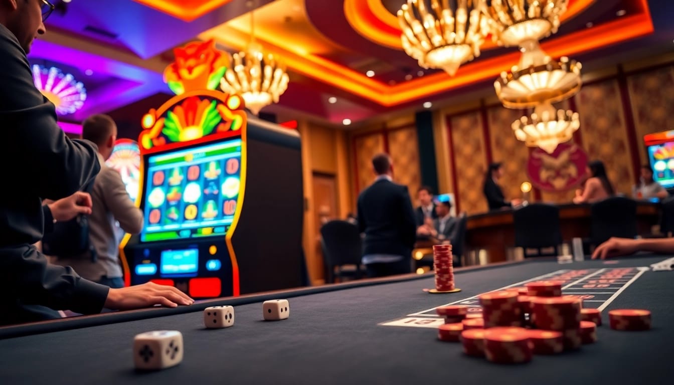 Players enjoying the garuda slot machine in a dazzling casino environment filled with excitement.