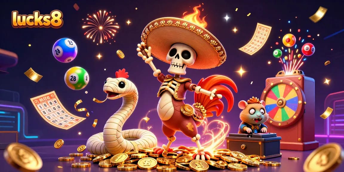 Engage with lucks8's vibrant 3D casino scene featuring characters celebrating amidst a dynamic gambling atmosphere.