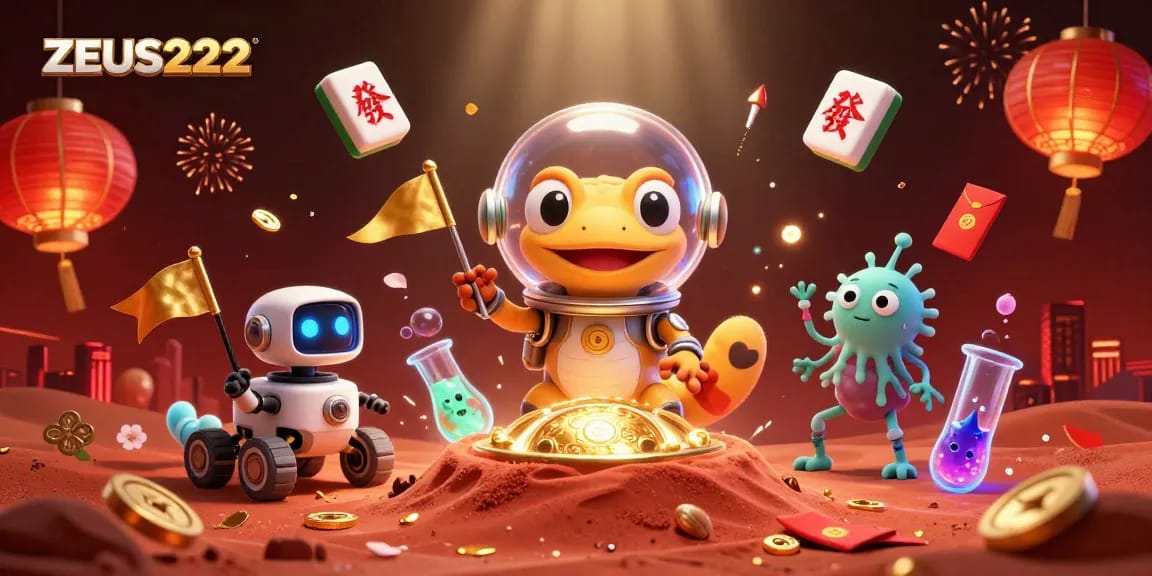 Join the Martian gecko at ZEUS222’s golden casino adventure amidst vibrant festive decorations.