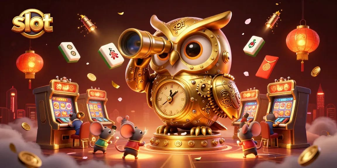 Engage with exciting slot gameplay featuring an owl overseeing a vibrant casino atmosphere.