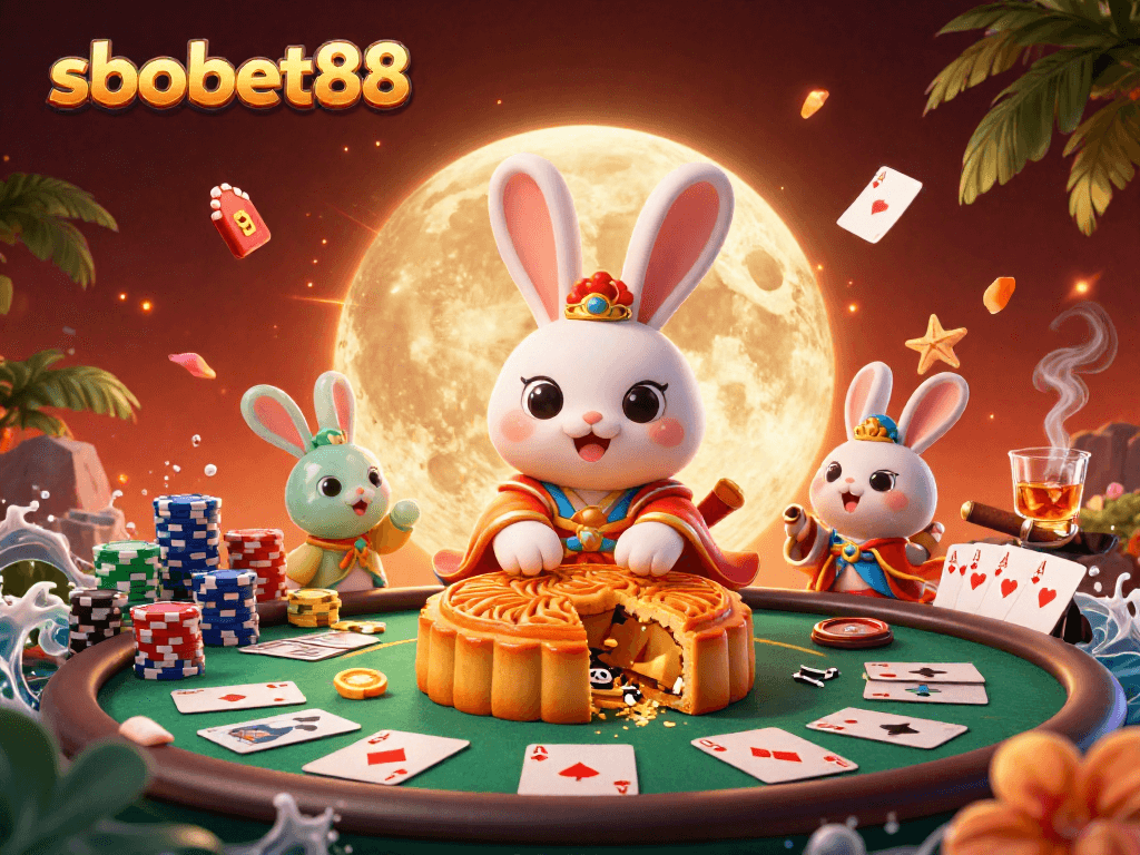 Play at sbobet88 with a dazzling moon rabbit creating poker chips in a vibrant casino scene.
