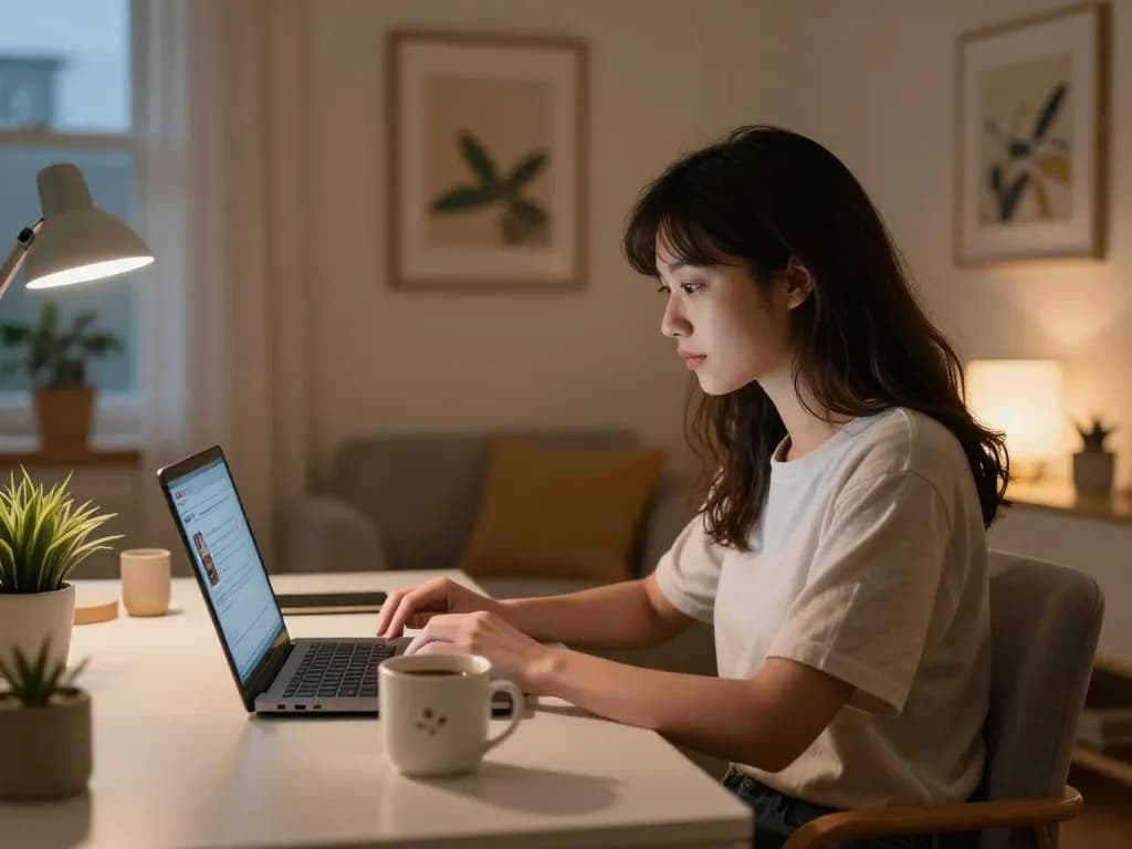 Engaged user enjoying ai sex chat in a cozy home workspace with laptop and warm lighting.