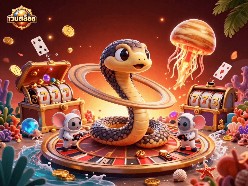 Experience exciting เว็บสล็อต casino action with a dynamic scene featuring a Saturn ring snake as the roulette wheel.