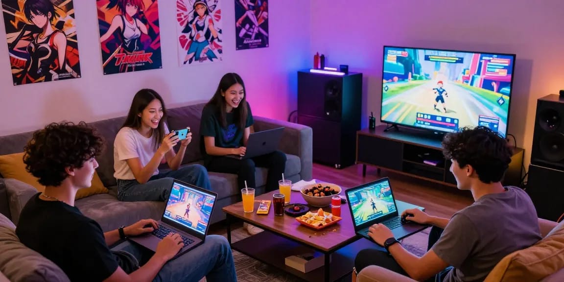 Group of friends playing engaging hentai games in a vibrant gaming lounge.