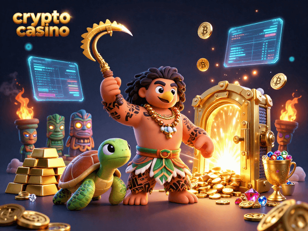 Experience the excitement of a crypto casino with vibrant characters and gold treasures.
