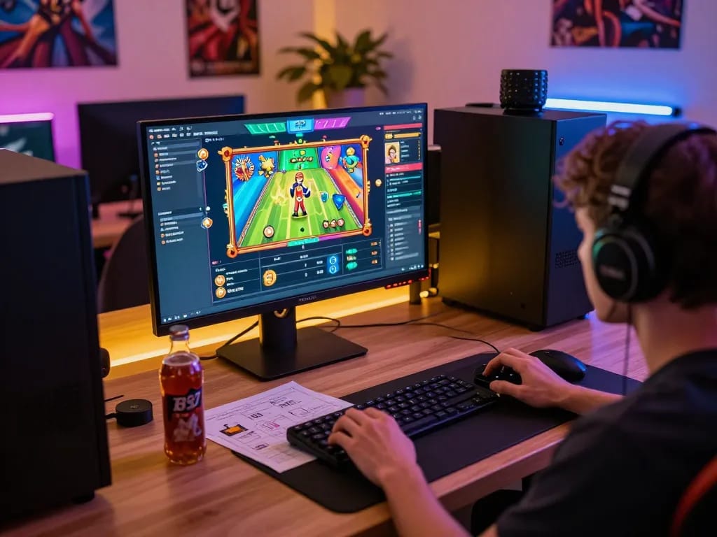 B52 CLUB player engaging with online gaming setup showcasing colorful graphics and strategy notes