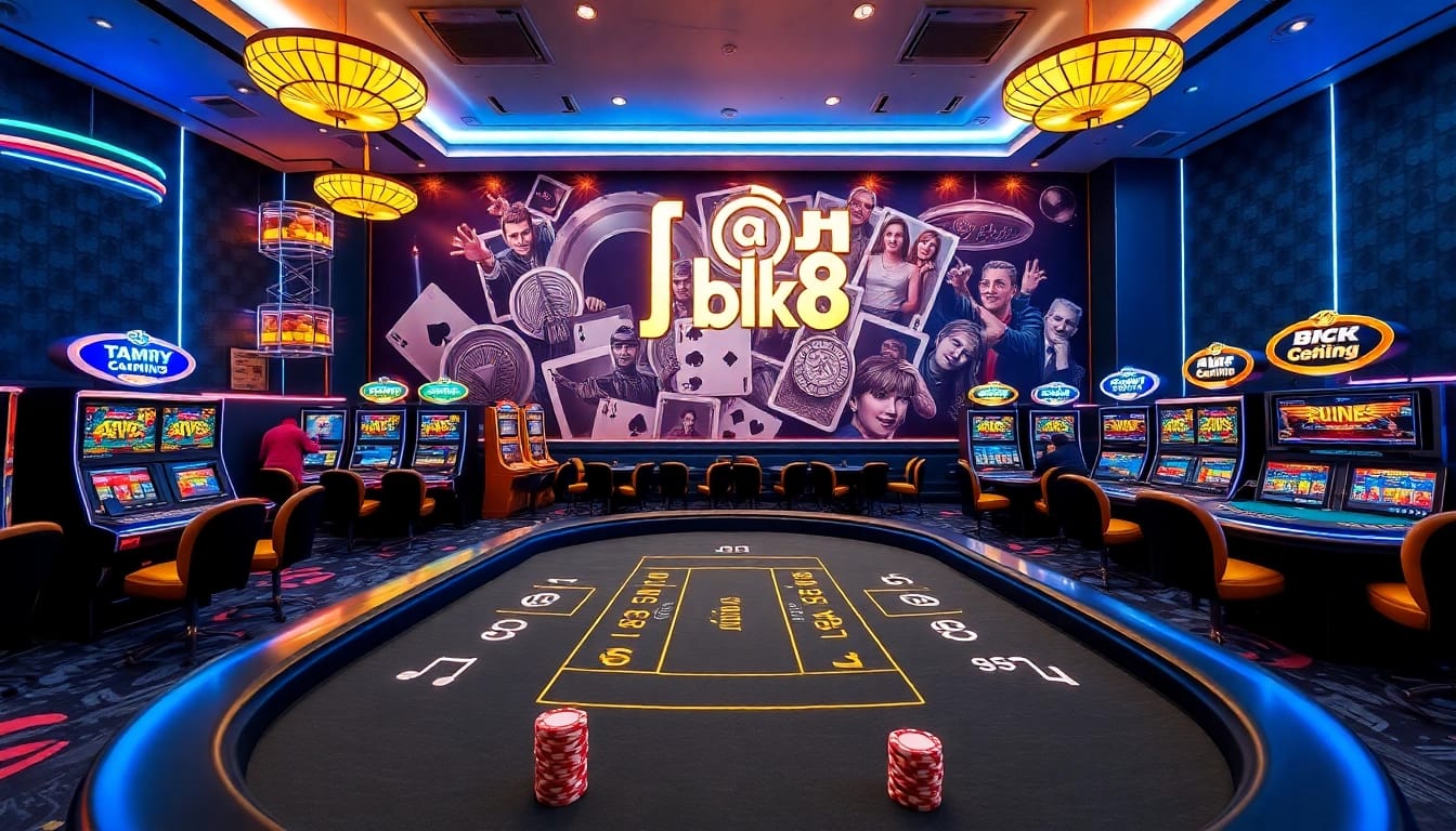Exciting casino scene showcasing เครดิตฟรี bk8 with players at modern gaming tables and vibrant slot machines.
