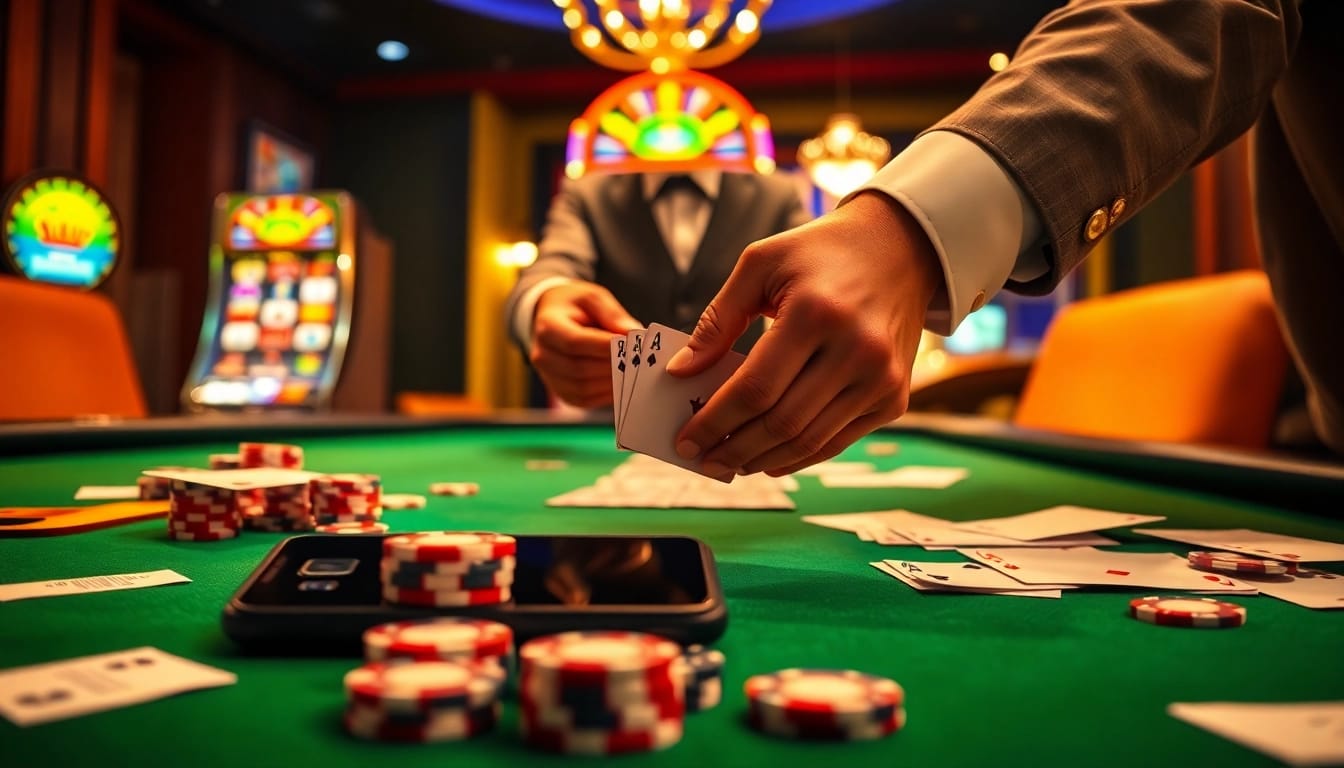S8 casino table with poker chips and cards, showcasing a vibrant gambling atmosphere.