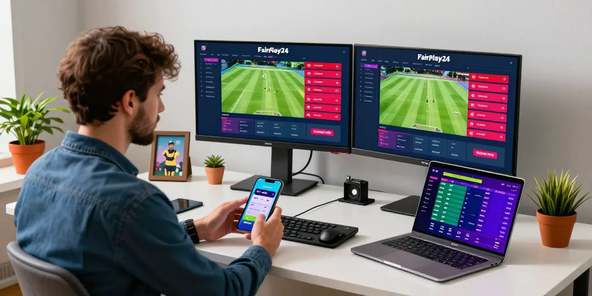 Engaged user on Fairplay24 platform with betting odds and live cricket stats displayed on multiple screens.