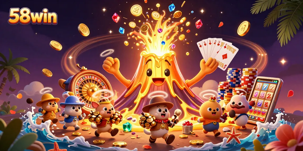 Join the excitement at 58win with a vibrant casino scene featuring dynamic characters and captivating gaming elements.