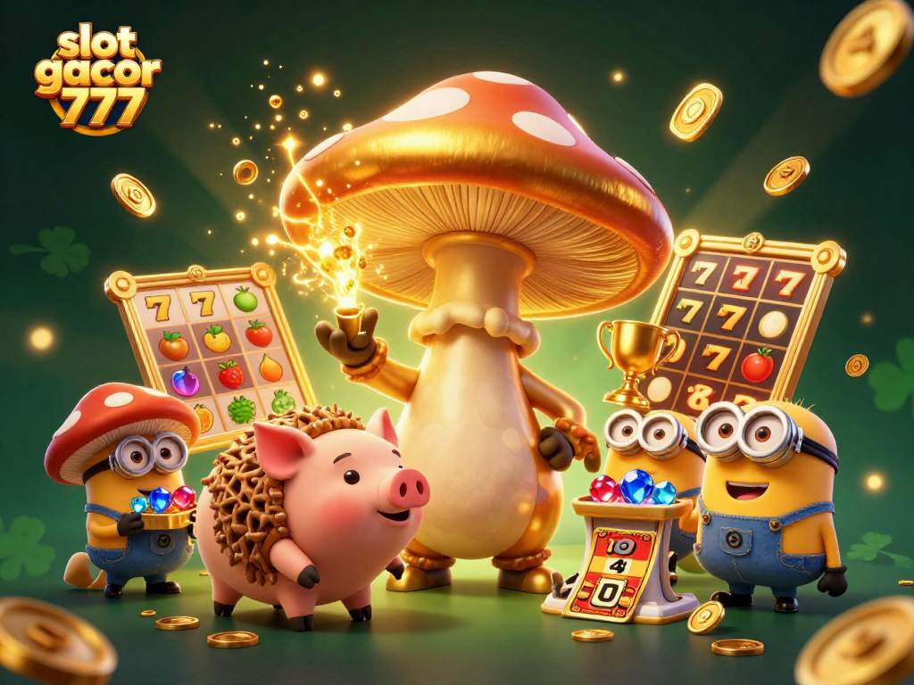 Engaging 3D illustration of slot gacor 777, featuring a golden mushroom wizard and treasures.