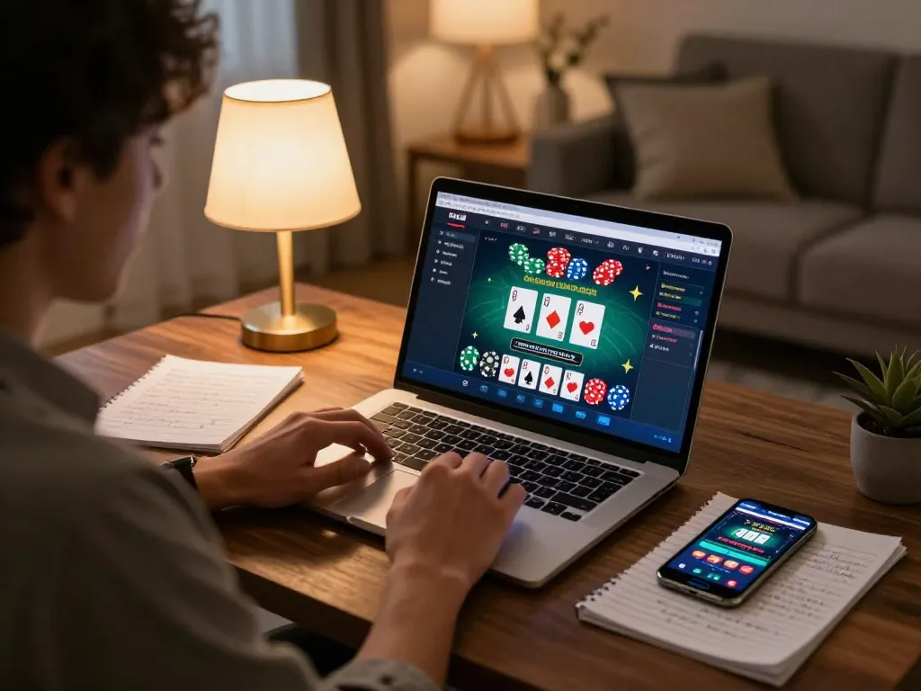 Engaging in online casino games at home with chips and strategies displayed.