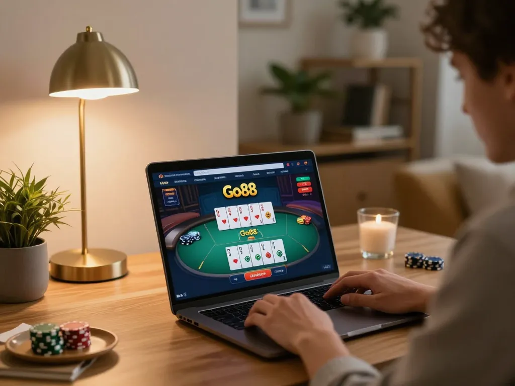 Engaging in Go88 poker game from home, illustrating strategic online gambling.