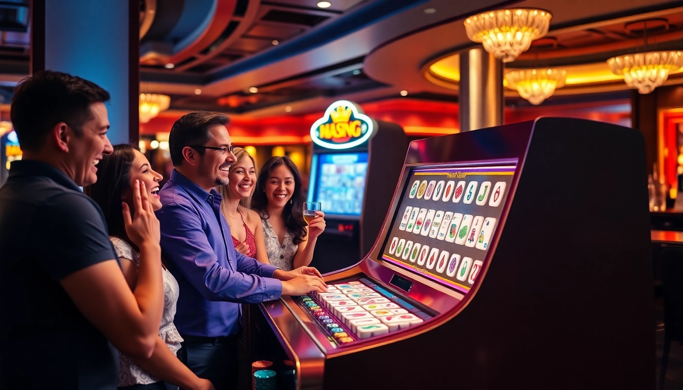 Experience the thrill of mahjong slot play in a vibrant casino setting with excited players and gleaming machines.