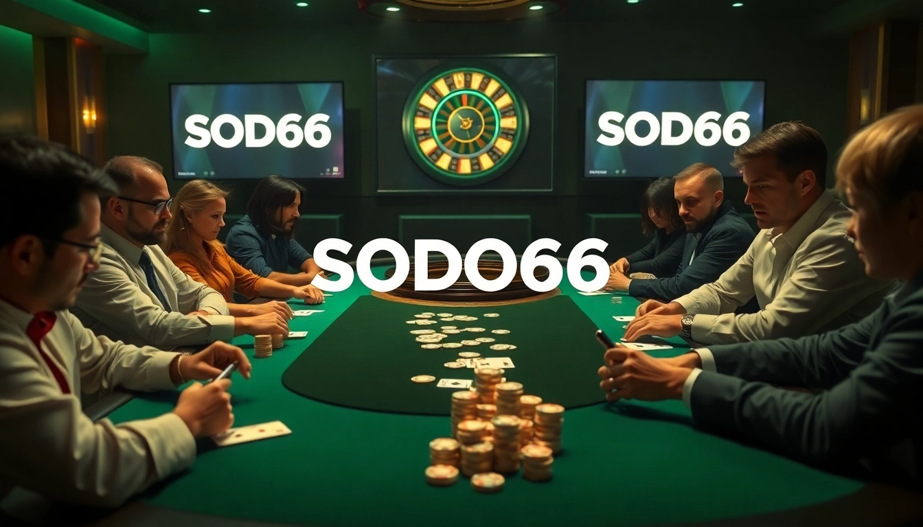 Engaging players at SODO 66 poker table with colorful chips and cards.