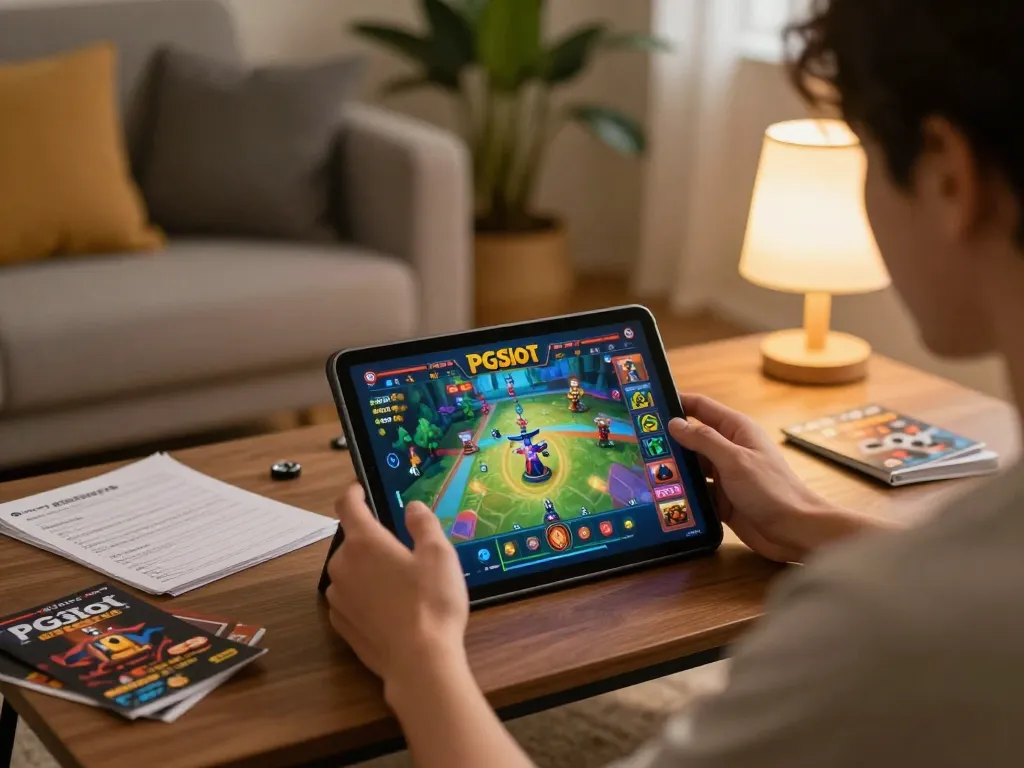 Player exploring PGSLOT IN mobile gaming on tablet in cozy home setting with strategy notes.