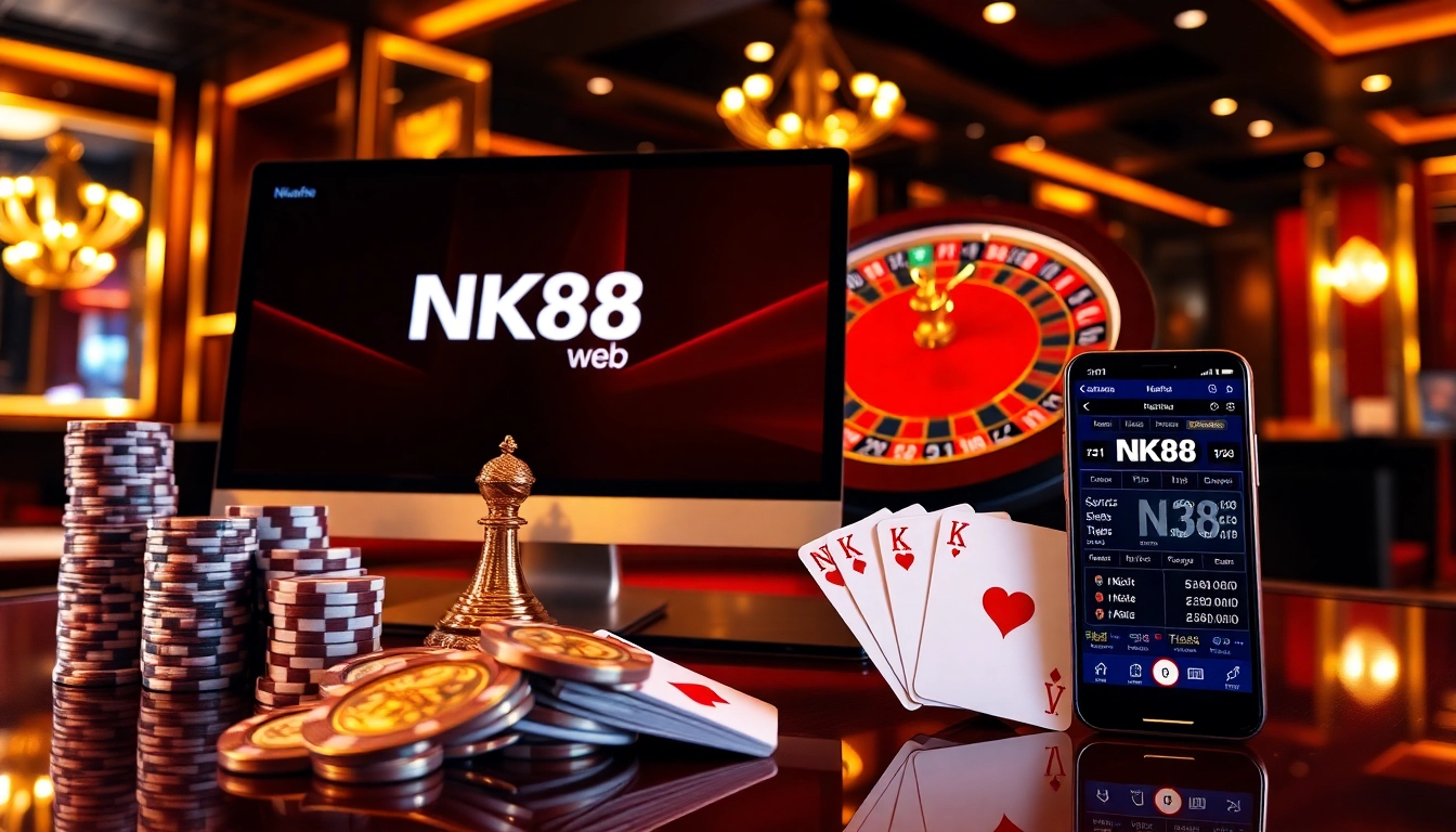 Engage with NK88 web for secure online betting featuring poker chips and roulette wheel in luxury casino setting