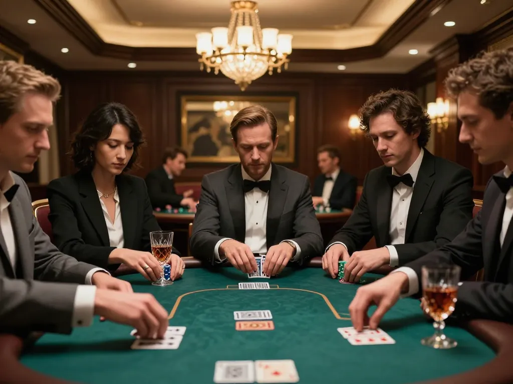 Poker players strategizing at a high-stakes game in a luxurious setting, showcasing the excitement of shbet.com.