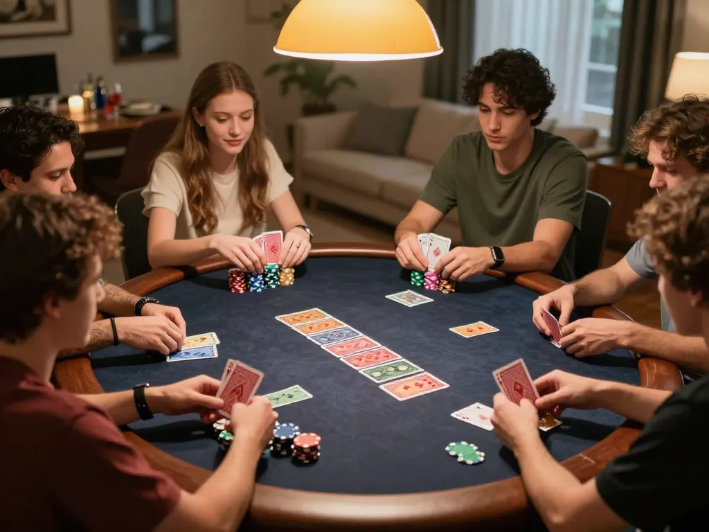 VIPWin poker night in a cozy home setting showcasing players strategizing over cards and chips.