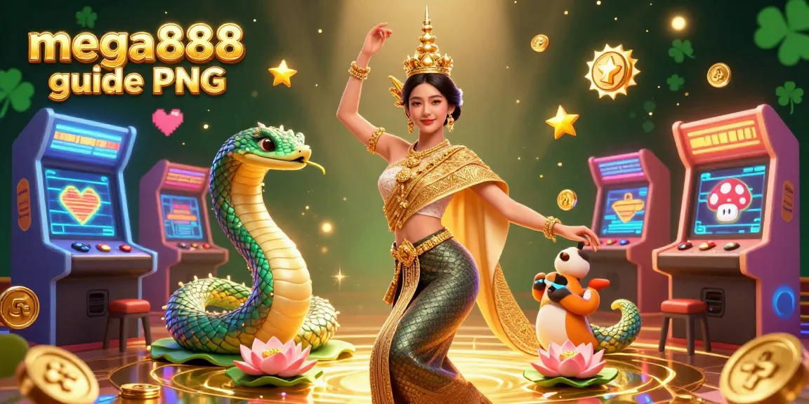 Win big with the mega888 guide PNG, showcasing vibrant characters and exciting 3D gaming elements.