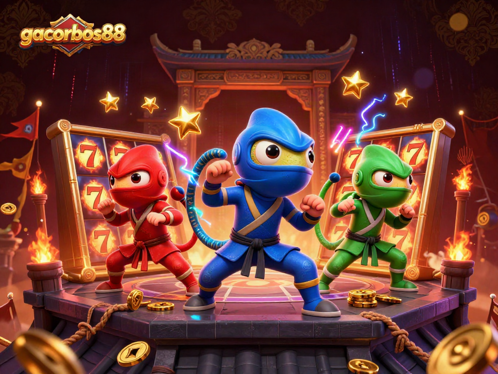 Engage with gacorbos88 as a 3D ninja chameleon team brings the slots to life amidst gold coins and fiery action.
