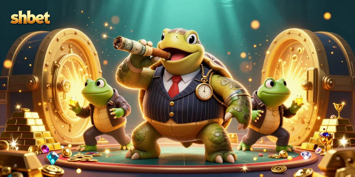 Experience thrilling adventures at SHBET with a vibrant cartoon scene featuring a turtle and bullfrogs amidst treasures.
